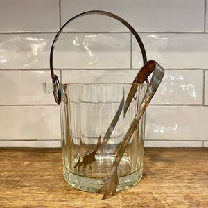 Vintage Crystal & Silver Ice Bucket With Tongs Barware Set Mid Century Modern
